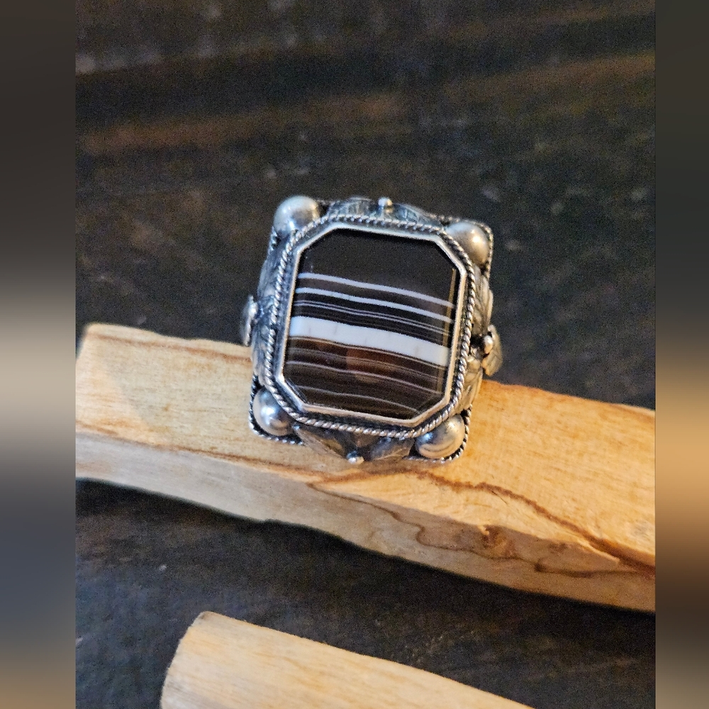Vintage Botswana Agate Sterling Silver Ring